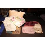 A quantity of textiles to include curtains, fabric, lace panels, a chenille throw and an embroidered