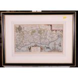 Norden: an 18th Century hand-coloured map of Sussex, 9" x 15", in black and gilt frame