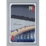 After Ando Hiroshige: a Japanese woodblock print, "Sudden Shower over Shin-Hashi Bridge and