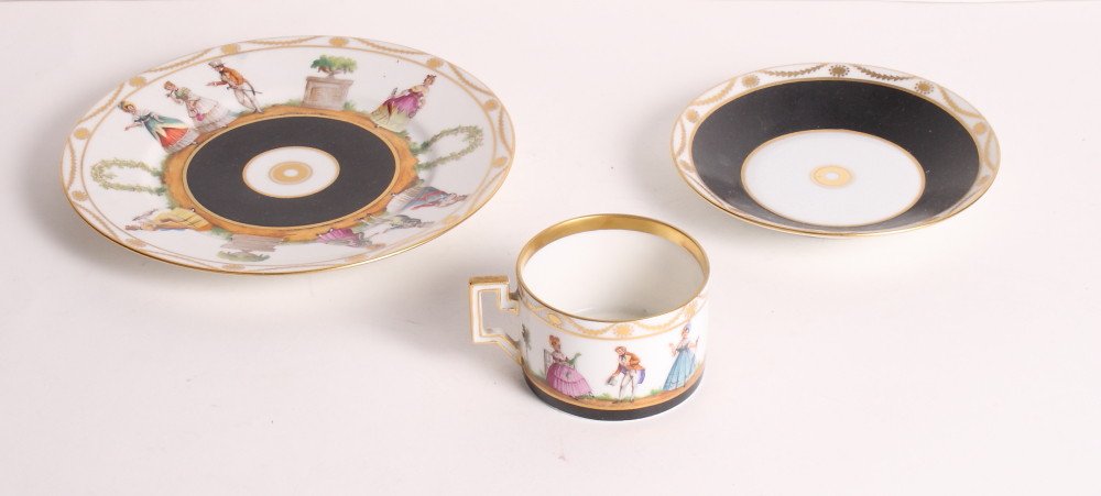 A Dresden china cabinet cup, saucer and plate decorated figures in 18th Century dress - Image 2 of 2