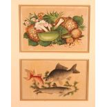 Two oriental watercolours of fish and fruit, each 8" x 12"