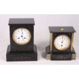 Two Victorian mantel clocks in black slate cases, largest 10" high