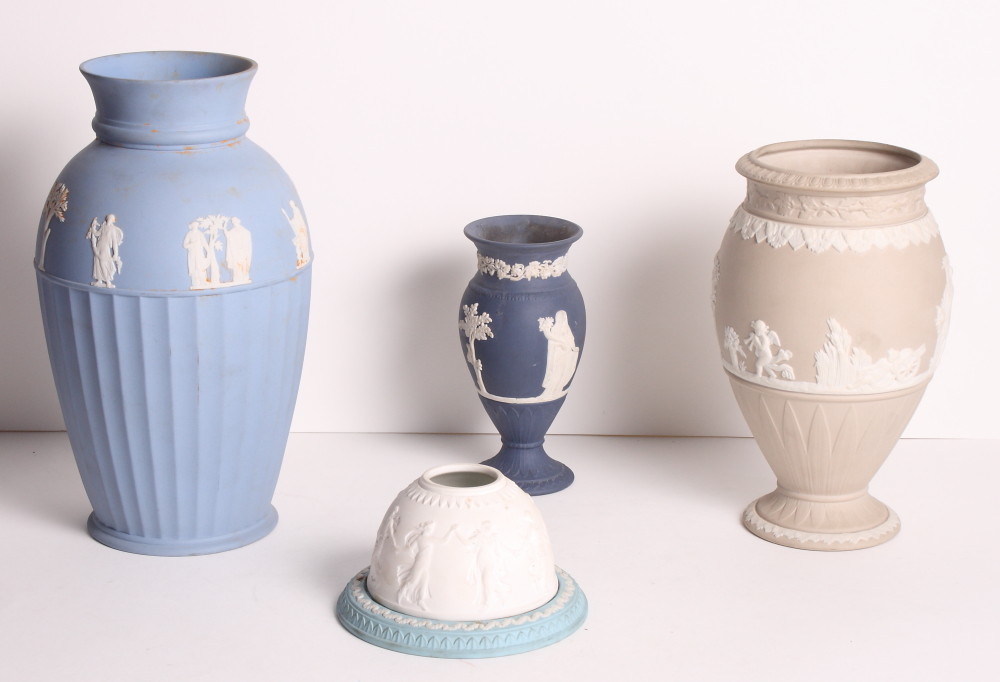 A Wedgwood blue jasperware vase with half fluted sides, two other smaller vases and a night light