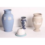 A Wedgwood blue jasperware vase with half fluted sides, two other smaller vases and a night light