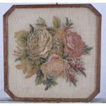 A 19th Century floral needlepoint panel, 12 1/2" x 12 1/2", in octagonal frame, and an embroidered