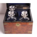 A Victorian burr walnut and brass inlaid travelling decanter box, fitted three plain panelled