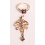 A 9ct gold and garnet cluster ring and an Art Nouveau 9ct gold, amethyst and seed pearl pendant