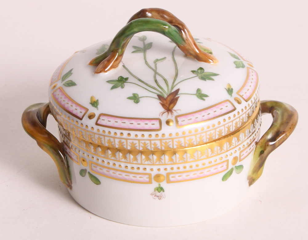 A Royal Copenhagen "Flora Danica" two-handled sugar bowl and cover, 3 1/2" dia