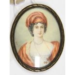 Orlav: a watercolour portrait miniature of an early 19th Century woman with pearl necklace, 3 1/4" x