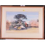 White: watercolours, landscape with castle behind trees, 14" x 21", and another watercolour,