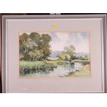 Alan Simpson: watercolours, view of the Stour at Wimbourne, 12" x 20", in grey and gilt frame, and a