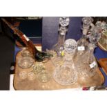 Four cut glass decanters and stoppers, various, a Murano glass model of a peacock?, and other