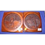 A pair of Scottish carved walnut panels decorated shooting and fishing scenes, 7" x 8"