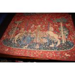 A Medieval design tapestry wall hanging showing two ladies, a lion and a unicorn, 36" x 26", a