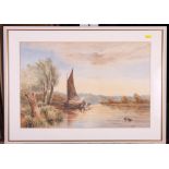 A 19th Century watercolour, rural landscape with figures and sailing barge, 14" x 20", in white