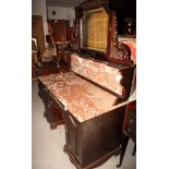 A Victorian washstand fitted mirror, red marble back and top, on twin pedestal base fitted frieze