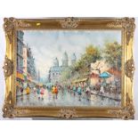 A late 20th Century oil painting, Parisian? street scene in the rain, 20" x 28", in swept gilt