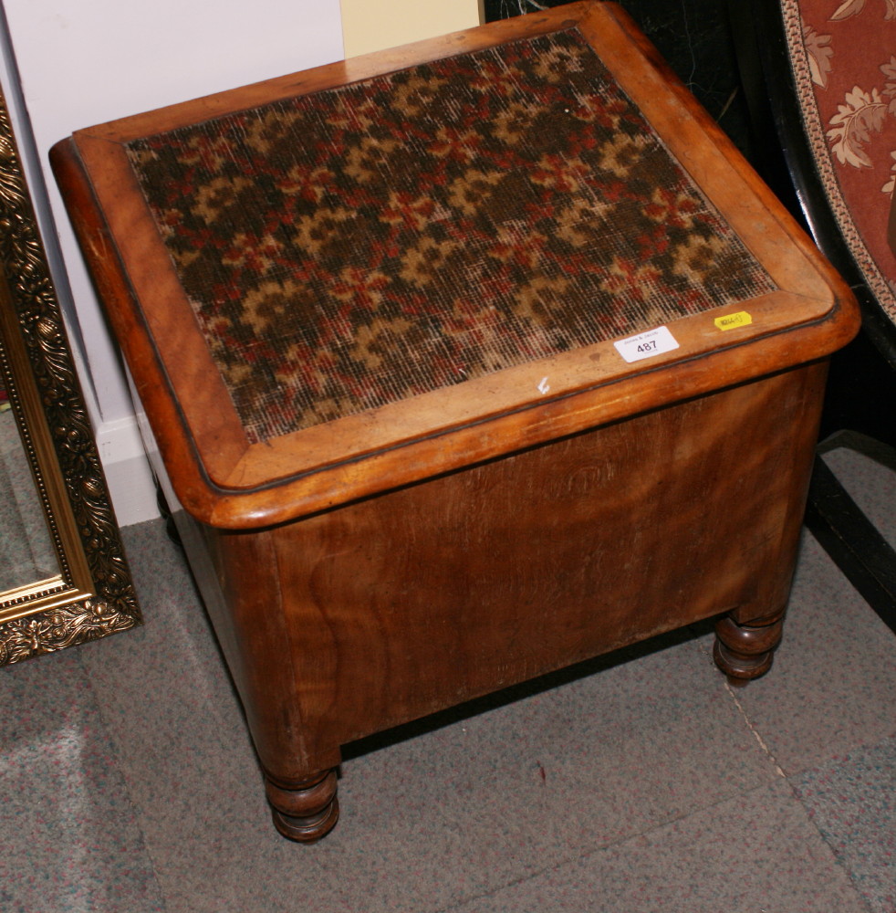 A Victorian mahogany box seat commode, two bedroom occasional chairs and a set of six Victorian