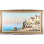 A Eolieti: oil on canvas, Italian coastal scene, 19" x 39", in strip frame