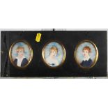 Three oval miniature portraits of members of the Clayton family as children, in single ebonised