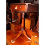 A 19th Century mahogany work table with inlaid border, fitted frieze drawer, on tripod base, 20"