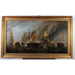 Henry Liggins after Clarkson Stanfield: a late 19th Century oil painting, Battle of Trafalgar, label