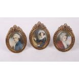 An oval miniature portrait of Madame Vigee le Brun, in gilt metal frame, and two similar portraits