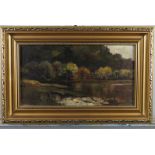 English 19th Century School: an oil on card, river landscape, 5" x 9 1/2", in gilt frame, and a