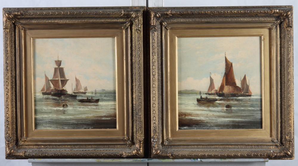 A pair of 19th Century oil on mahogany panels, fishing boats, 8" x 7 1/2", indistinctly signed, in