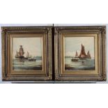 A pair of 19th Century oil on mahogany panels, fishing boats, 8" x 7 1/2", indistinctly signed, in