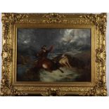 A 19th Century oil painting, landscape with Scottish hunter, deer and dog, 14" x 20", in ornate gilt