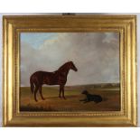 J Dolby: an oil painting, portrait of a stallion and a black dog in a landscape, 17" x 22", signed