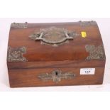 A Victorian walnut workbox with decorative metal mounts, 10" wide