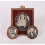 An oval miniature portrait of Mary Stewart, 5" x 4" overall, in red velour mount and gilt metal