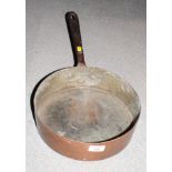 A 19th Century shallow copper pan with iron handle, sides stamped "R1385c/RVB/VSM", 11" dia, and a