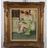 An early 20th Century Impressionist oil on canvas, woman reading, 17" x 14", in gilt frame