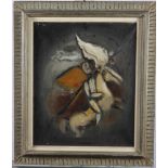 Abstract Impressionist: oil on canvas, warrior on horseback, 17 1/2" x 14 1/2", in decorated frame