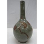 A 20th century oriental Celadon, crackle glazed vase with rubbed gilt decoration depicting birds;