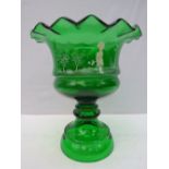 A large Mary Gregory style green glass pedestal bowl with overlay decoration, 25cm
