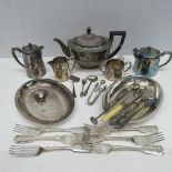 A miscellaneous collection of silver plated items including a fluted Adam style teapot, an hotel