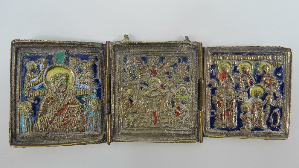 A gilt metal and enamel Triptych, decora - Image 2 of 2