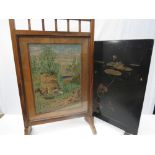 A black japanned firescreen and a mahoga