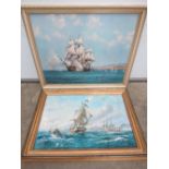 Two maritime prints on board each depict