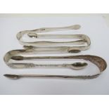 Four silver antique sugar tongs, bright