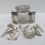 HM silver lidded glass pot, also a strai
