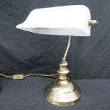 A brass Bankers lamp with opaline glass