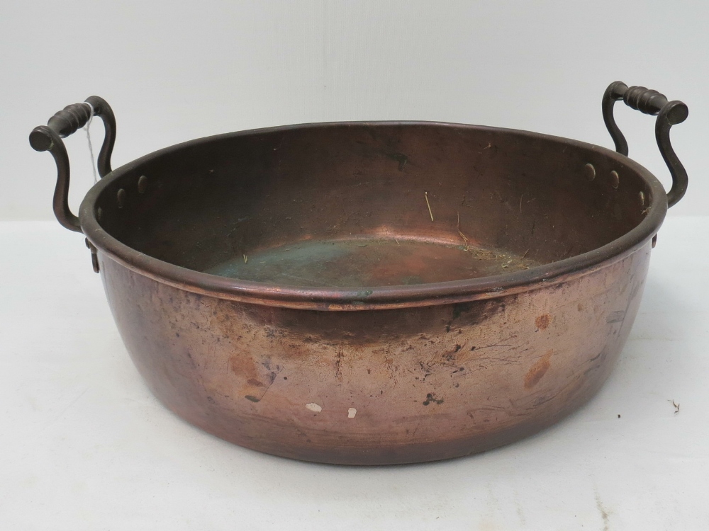 A good heavy brass jam pan with shaped h