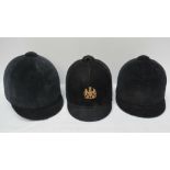 Three velvet covered hunting caps in dar