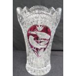 A fine heavy lead glass vase having bird