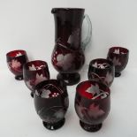 Bohemian style, cut ruby glass water jug